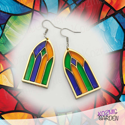 Stained Glass Gothic Window Earrings - Gold & Silver Acrylic Frames