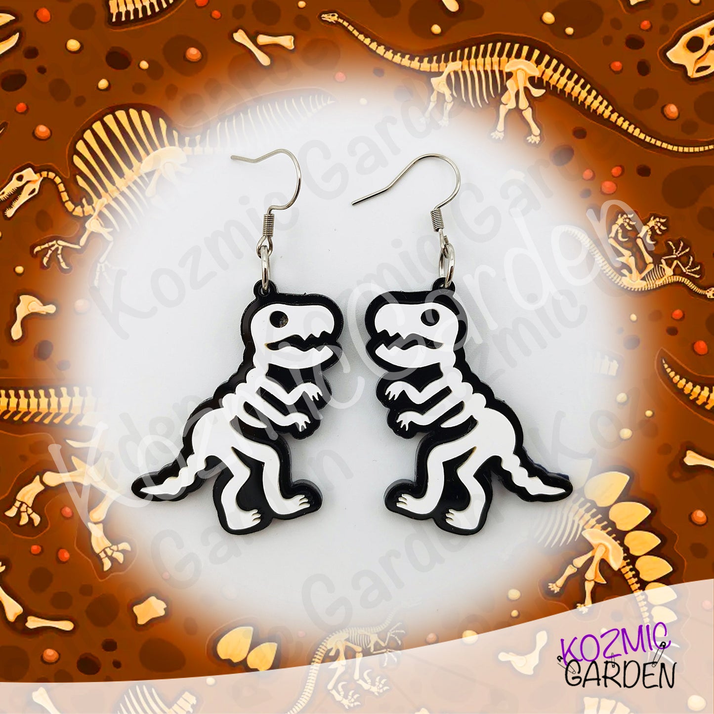 T-Rex Skeleton Earrings – Dinosaur Fossil Acrylic Dangles