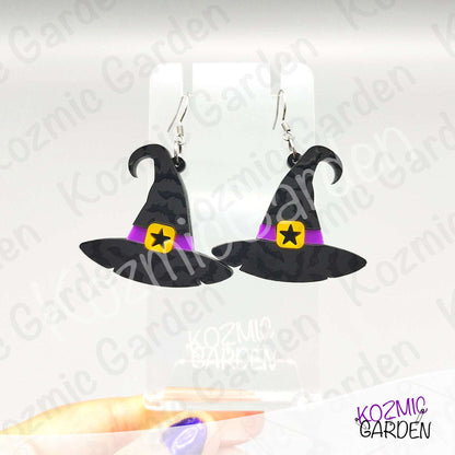 Witch Hat Earrings – Bat Acrylic & Purple Belt Halloween Dangles