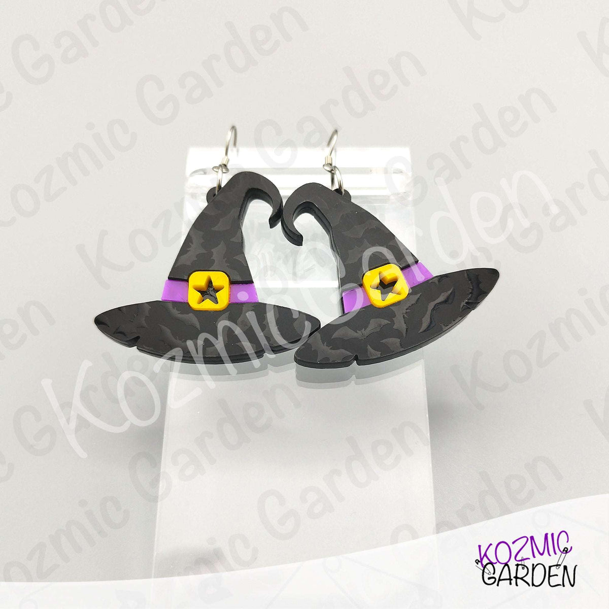 Witch Hat Earrings – Bat Acrylic & Purple Belt Halloween Dangles