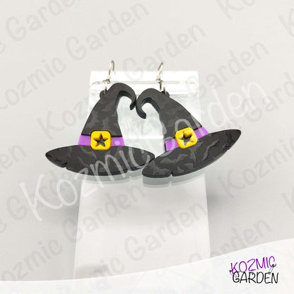 Witch Hat Earrings – Bat Acrylic & Purple Belt Halloween Dangles