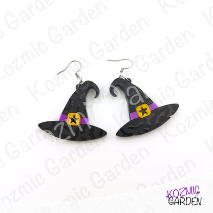Witch Hat Earrings – Bat Acrylic & Purple Belt Halloween Dangles
