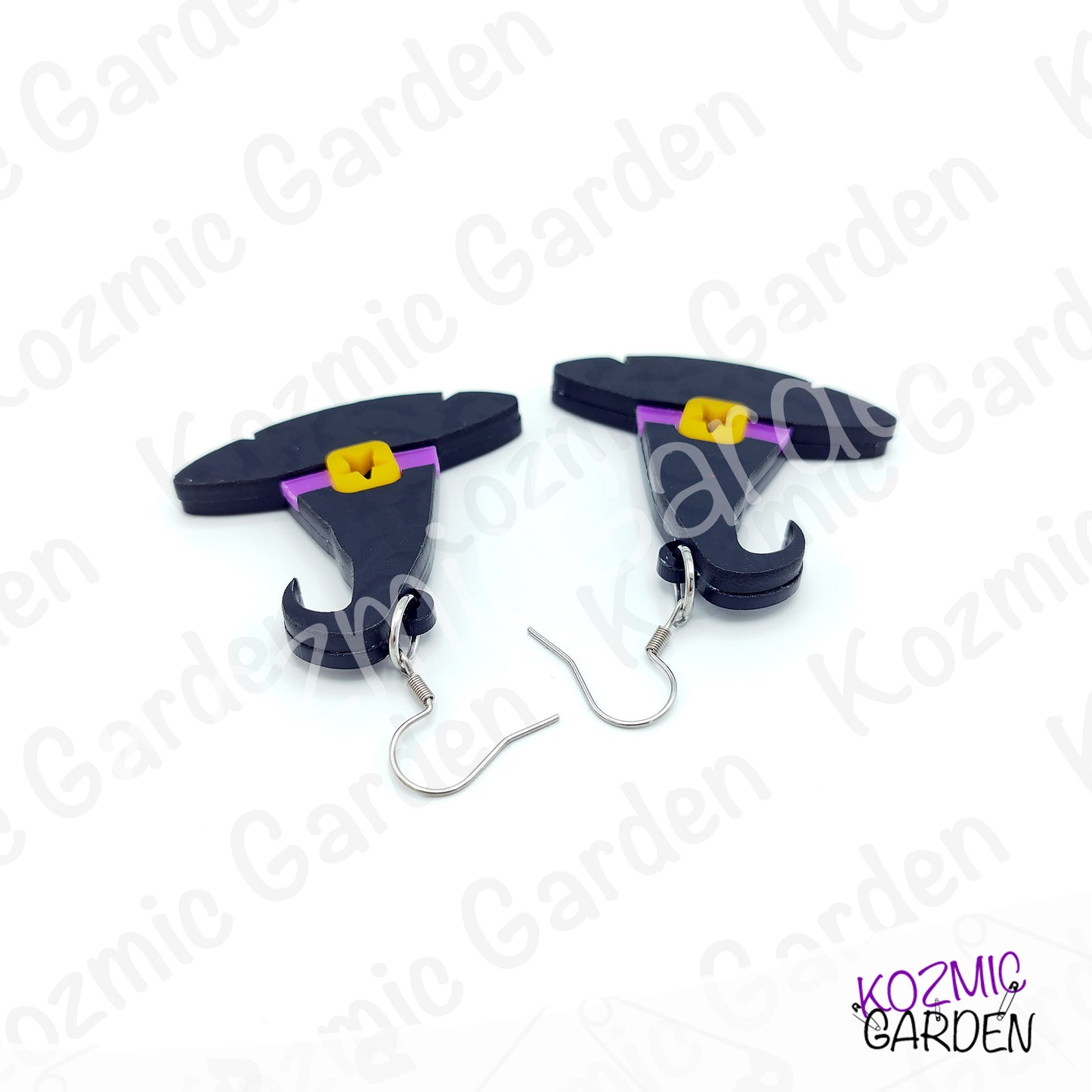 Witch Hat Earrings – Bat Acrylic & Purple Belt Halloween Dangles