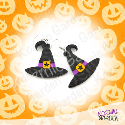 Witch Hat Earrings – Bat Acrylic & Purple Belt Halloween Dangles