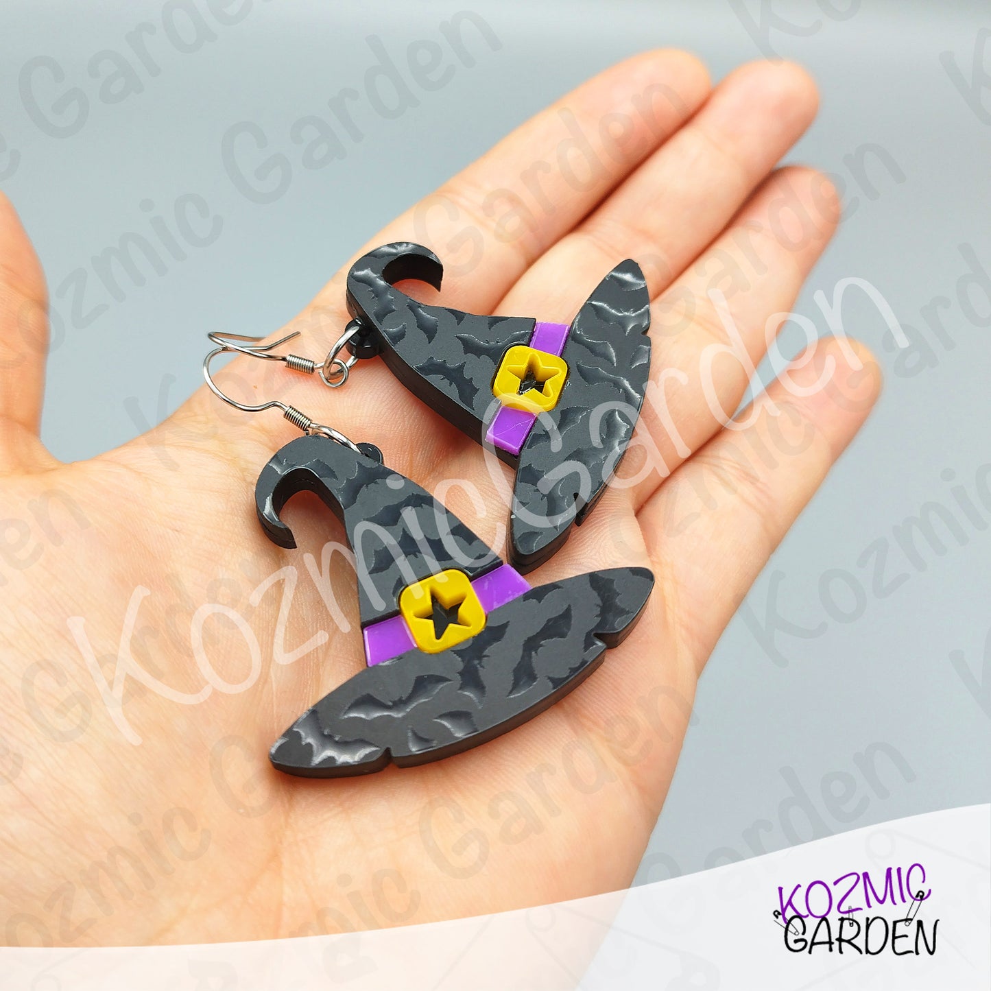 Witch Hat Earrings – Bat Acrylic & Purple Belt Halloween Dangles