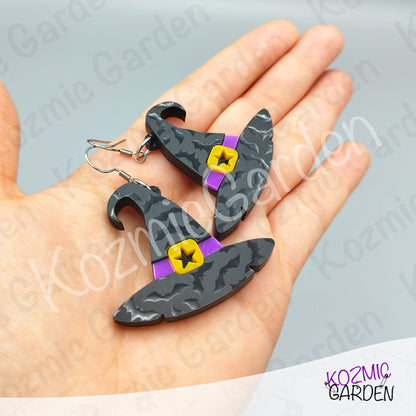 Witch Hat Earrings – Bat Acrylic & Purple Belt Halloween Dangles