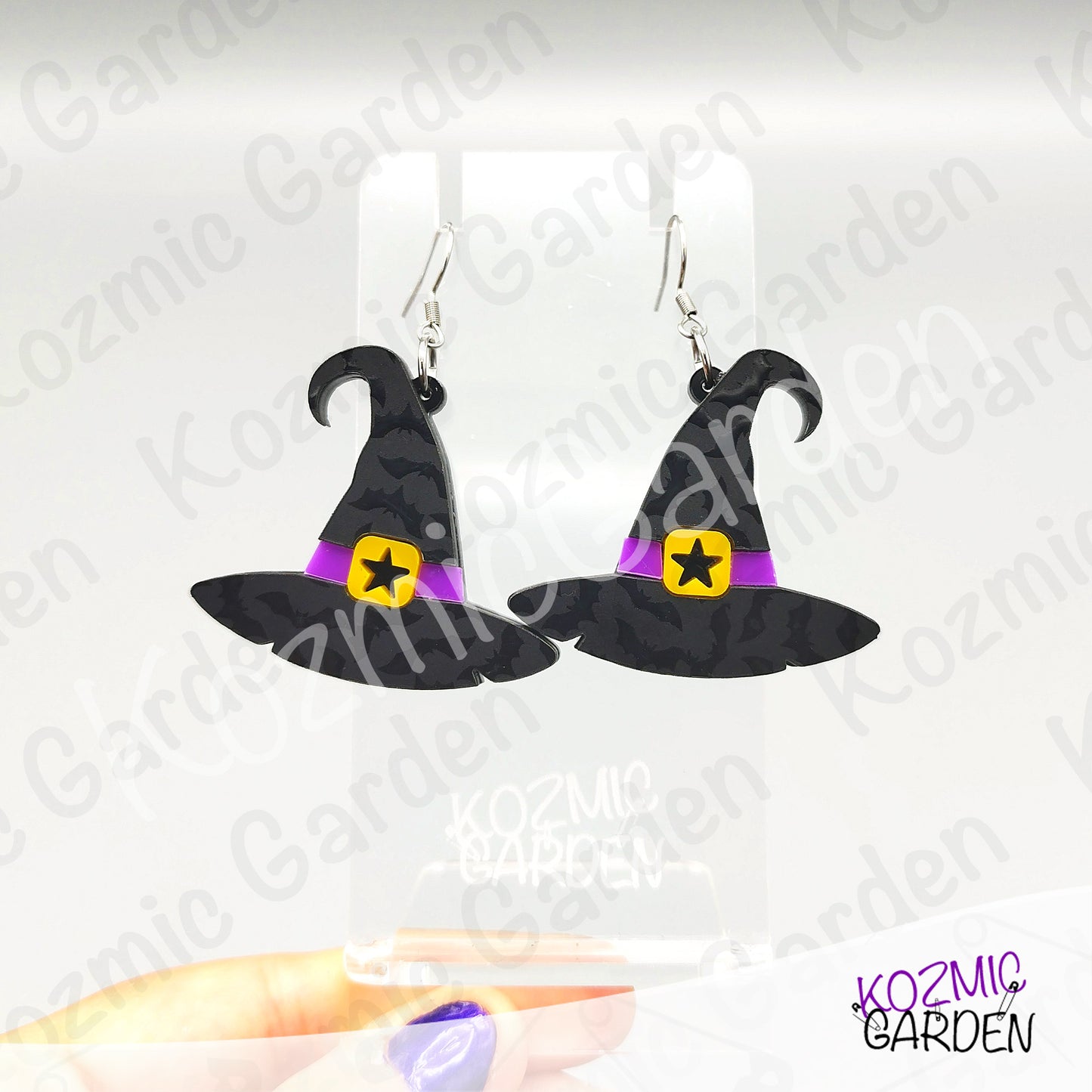 Witch Hat Earrings – Bat Acrylic & Purple Belt Halloween Dangles