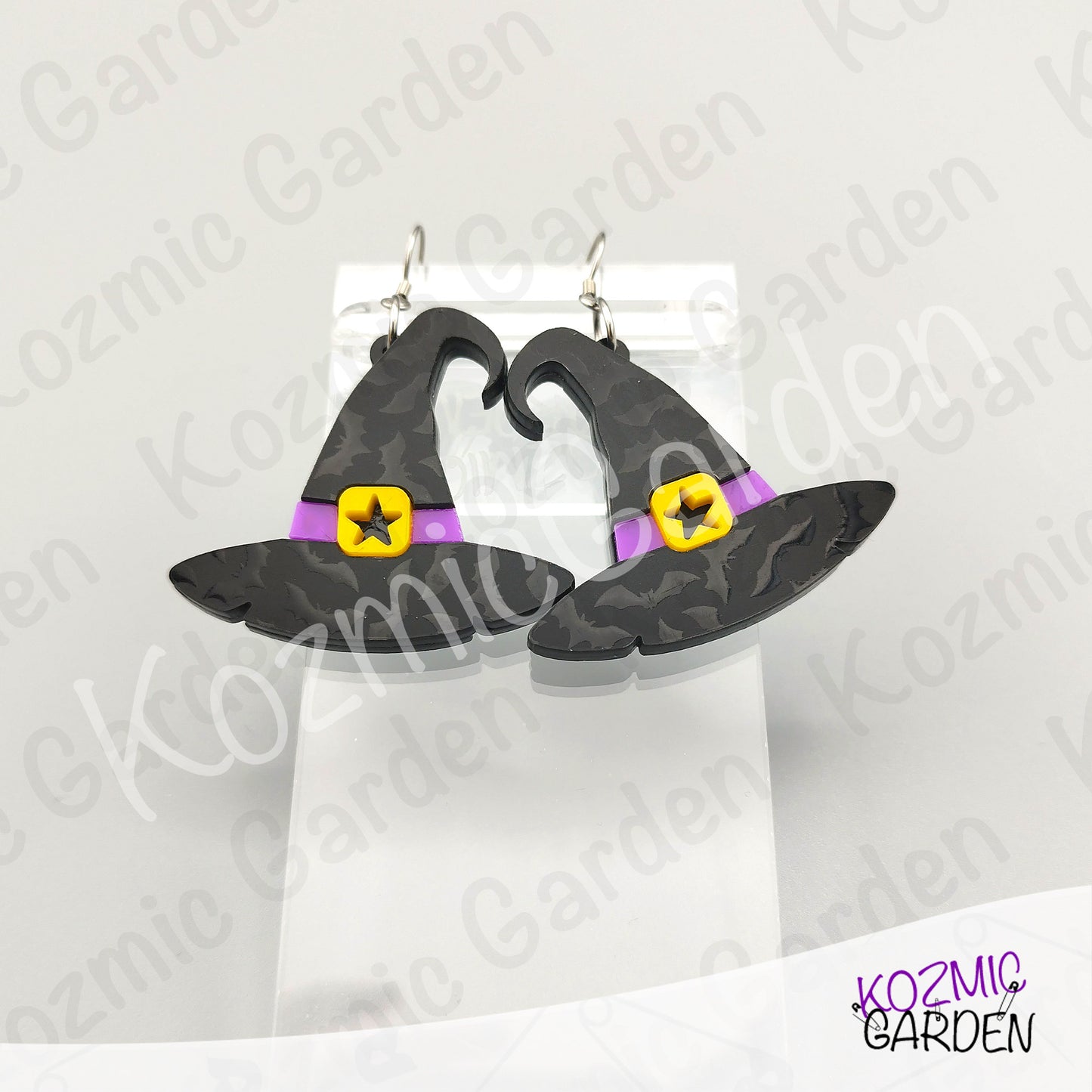 Witch Hat Earrings – Bat Acrylic & Purple Belt Halloween Dangles