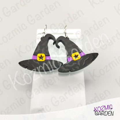 Witch Hat Earrings – Bat Acrylic & Purple Belt Halloween Dangles