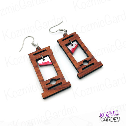 Bloody Wooden Guillotine Earrings – Off with Their Heads!