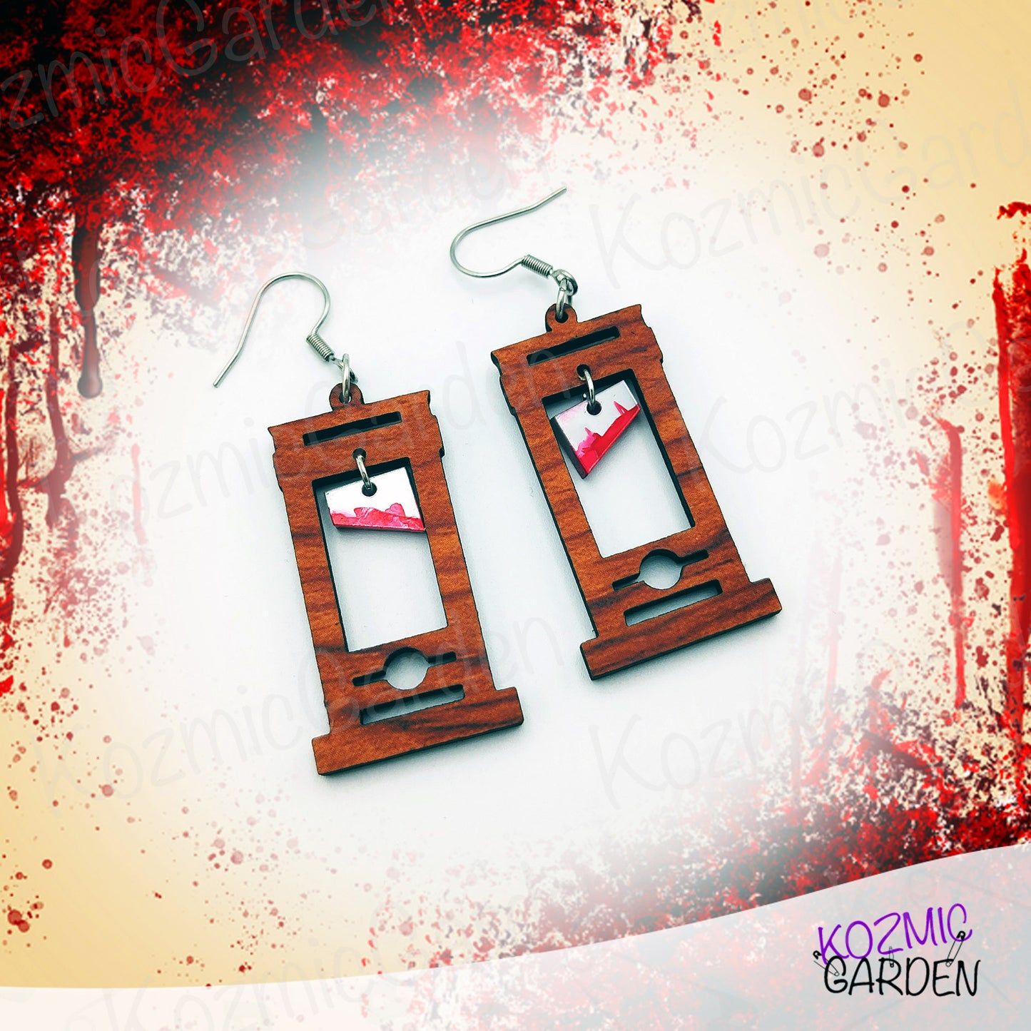 Bloody Wooden Guillotine Earrings – Off with Their Heads!