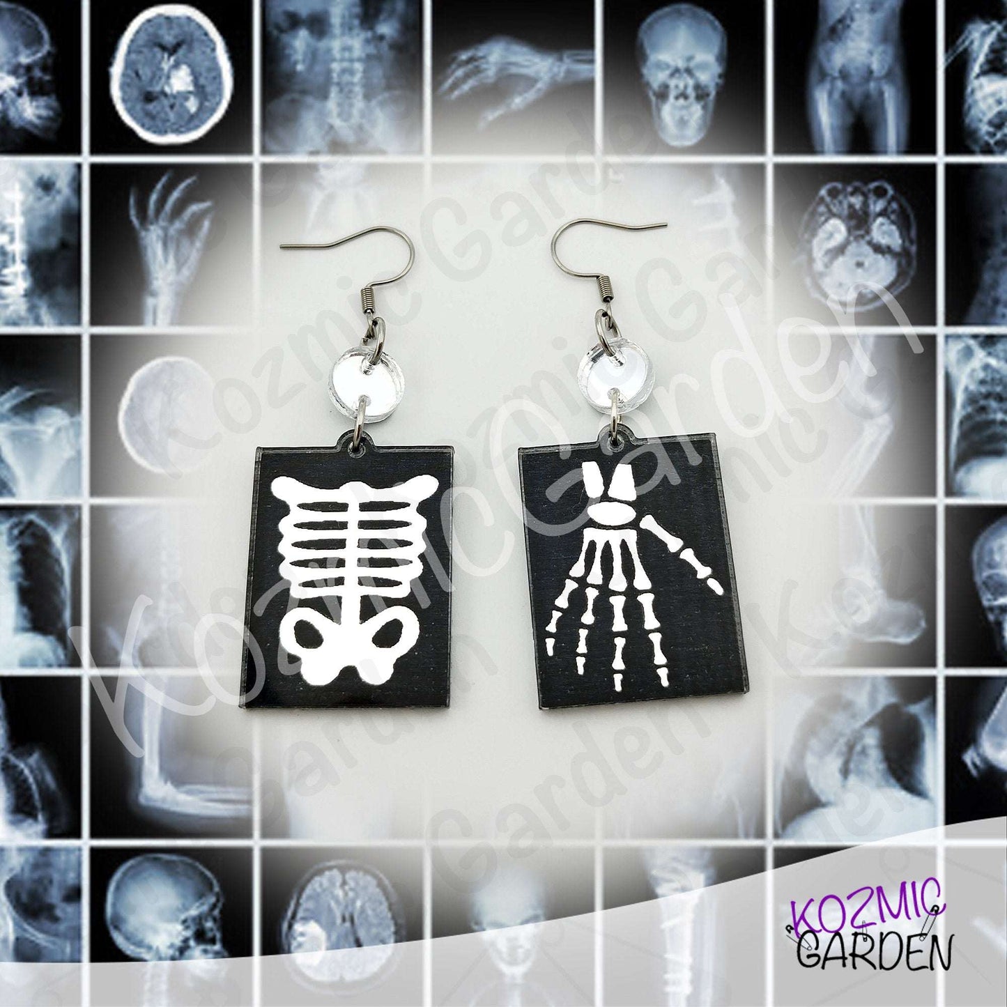 Silver Mirroed X-Ray Skeleton Hand Rib Cage Mismatched Earrings |Anatomy Jewelry