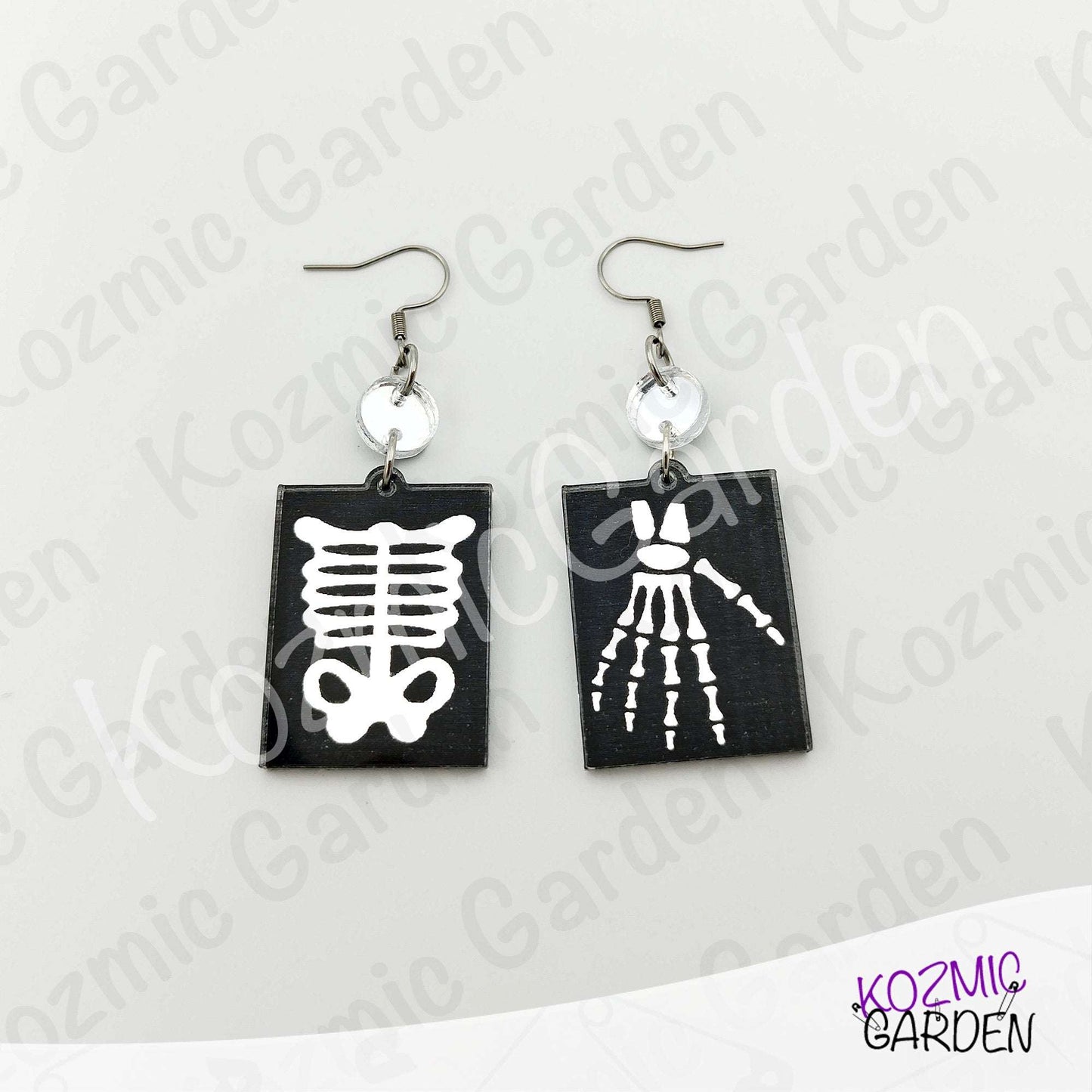 Silver Mirroed X-Ray Skeleton Hand Rib Cage Mismatched Earrings |Anatomy Jewelry