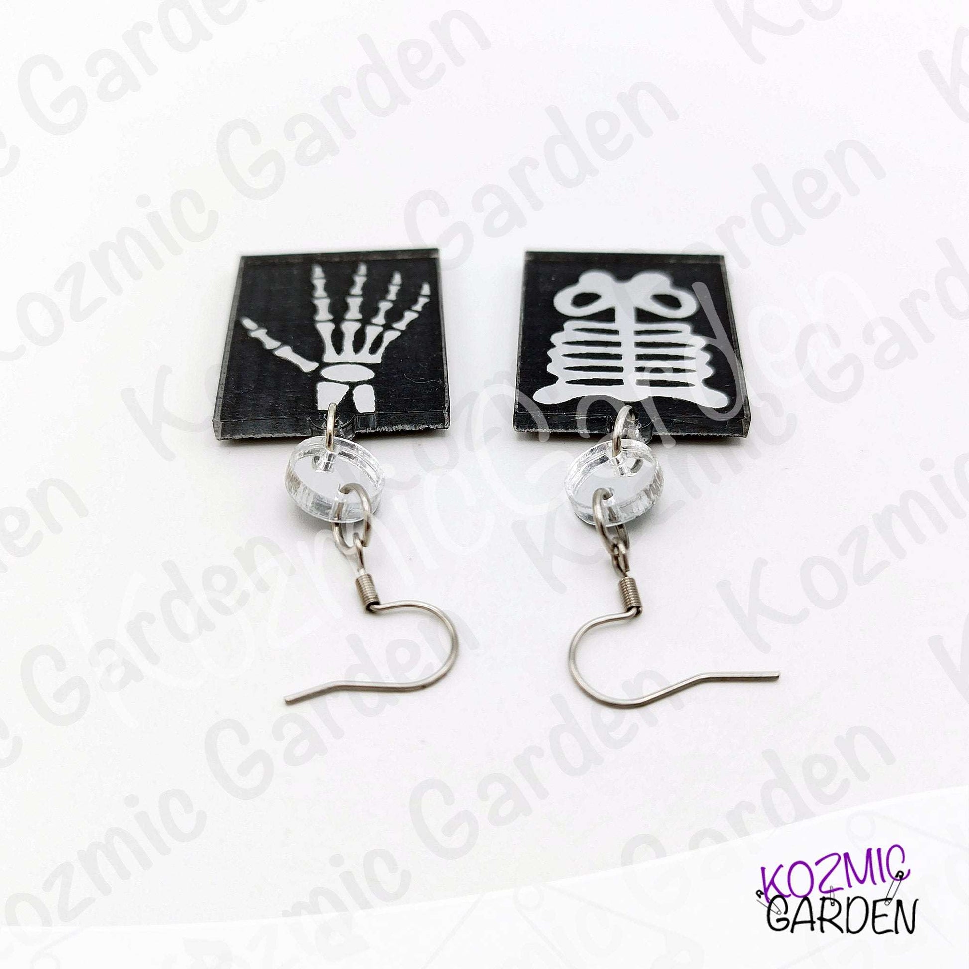 Silver Mirroed X-Ray Skeleton Hand Rib Cage Mismatched Earrings |Anatomy Jewelry