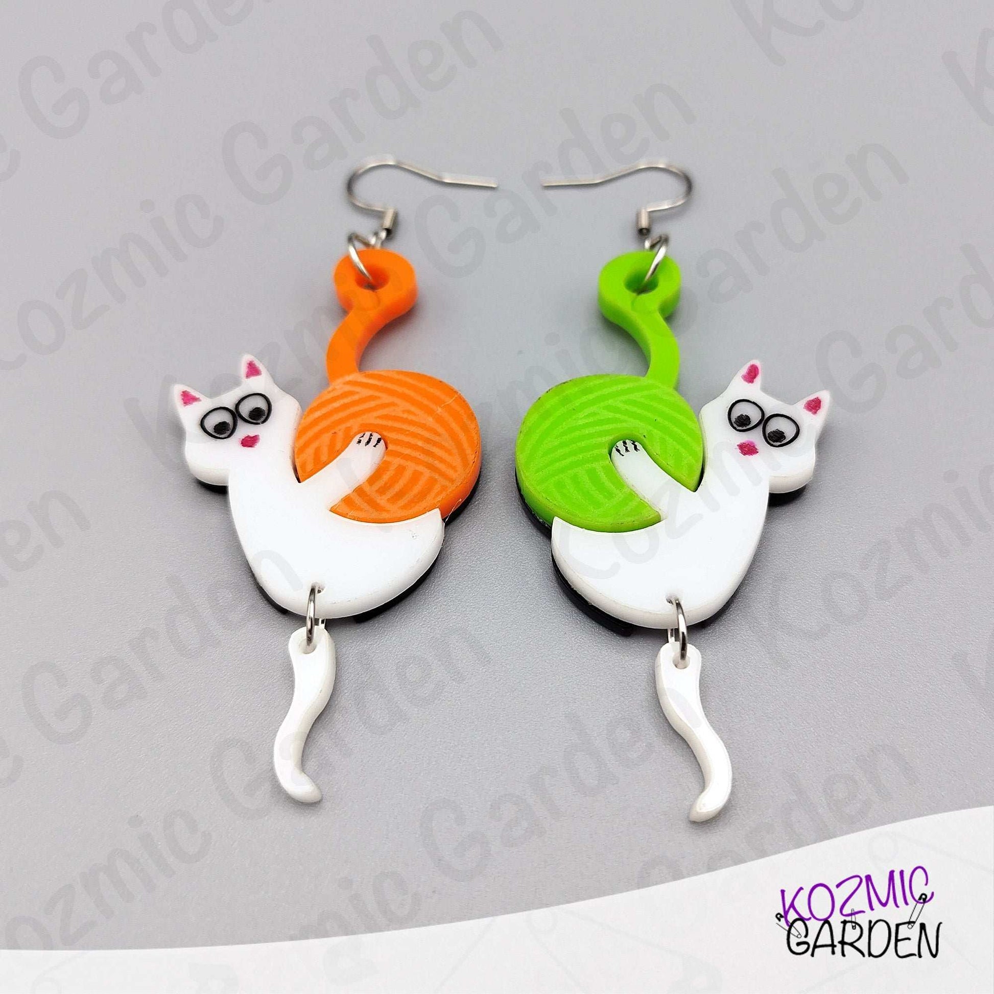 Mismatched Cat with Yarn Earrings - Playful cats, colorful yarn, endless smiles!