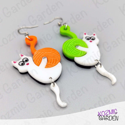 Mismatched Cat with Yarn Earrings - Playful cats, colorful yarn, endless smiles!