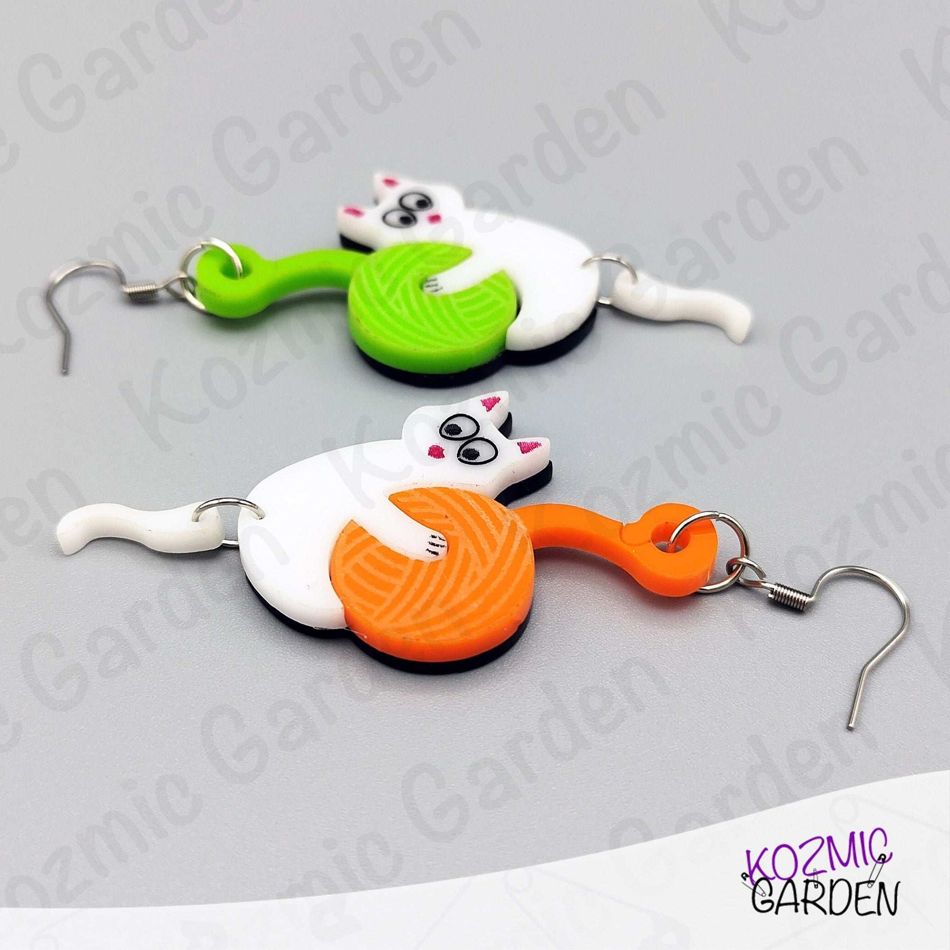 Mismatched Cat with Yarn Earrings - Playful cats, colorful yarn, endless smiles!