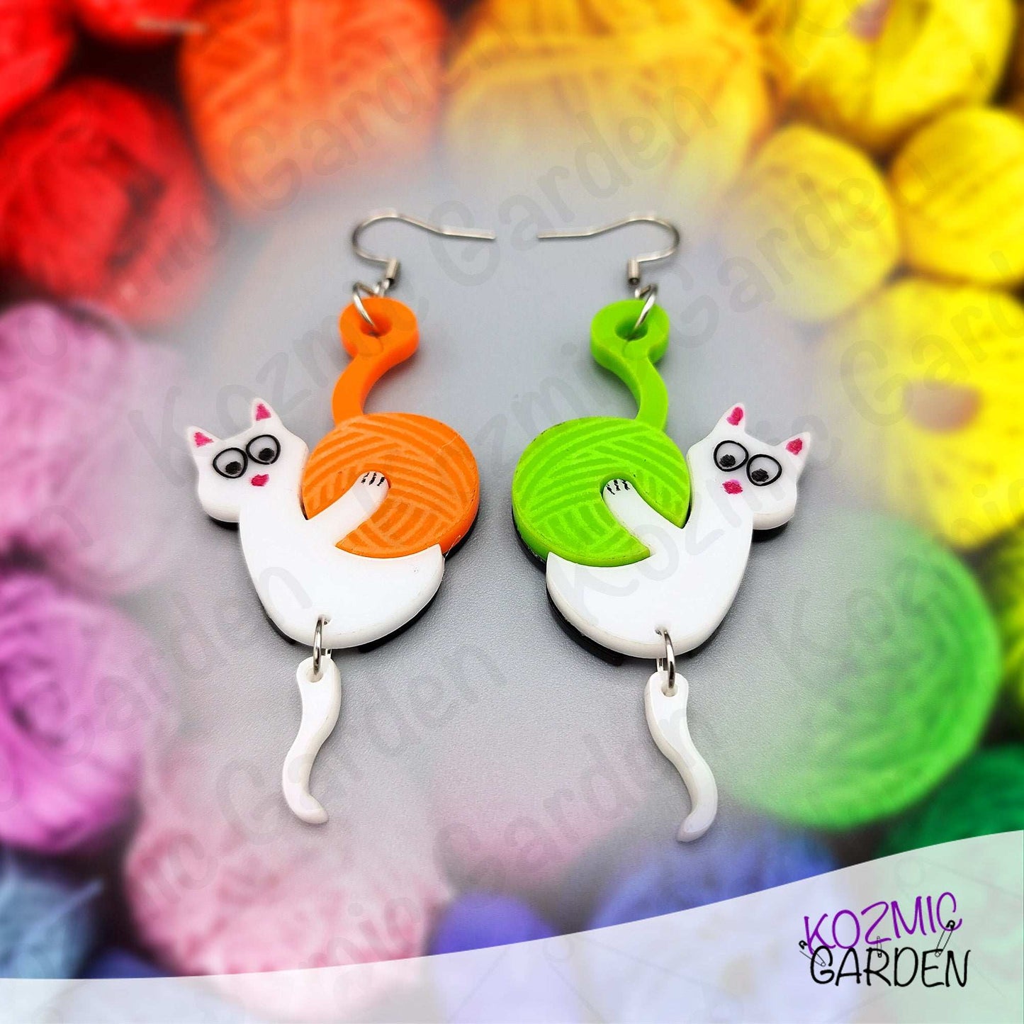 Mismatched Cat with Yarn Earrings - Playful cats, colorful yarn, endless smiles!