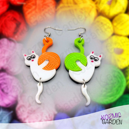 Mismatched Cat with Yarn Earrings - Playful cats, colorful yarn, endless smiles!