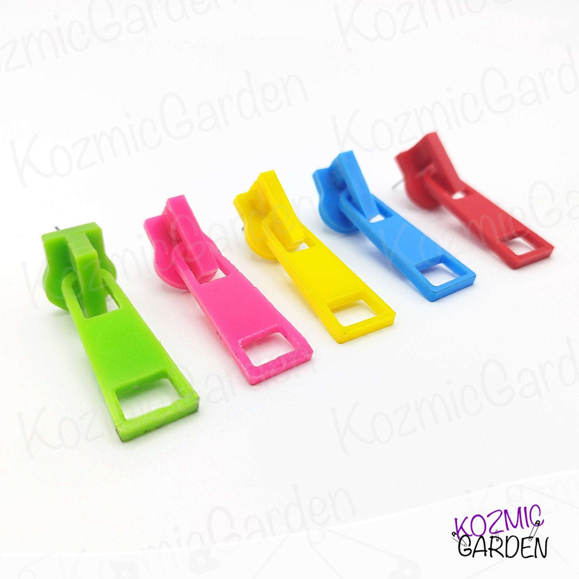 Colorful Zipper Earrings – Fun and Quirky Mismatched Earrings in Fuchsia, Green, Blue, Yellow & Red